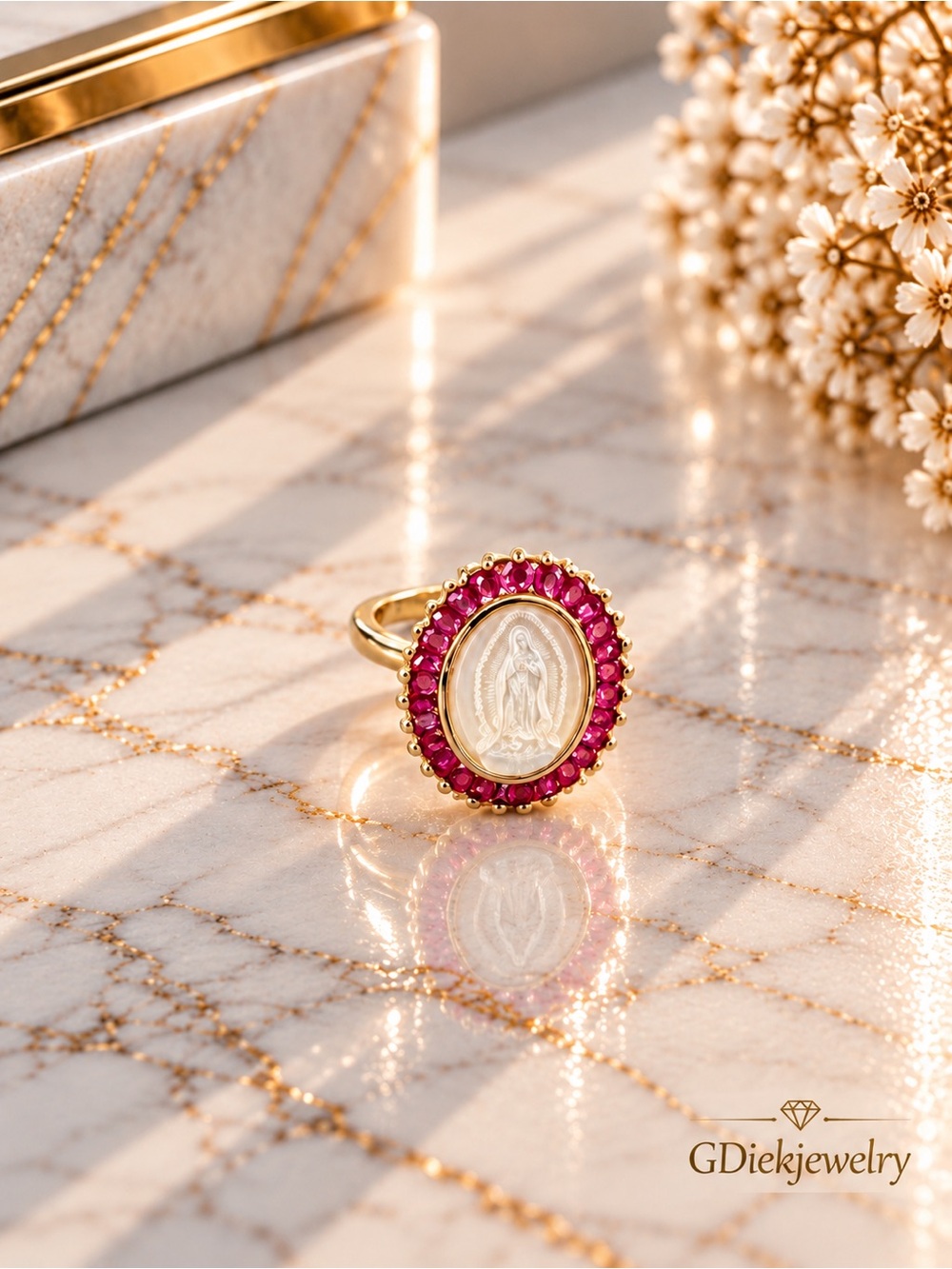 Gold Filled Adjustable Ring with Pink Gem Halo and Virgin Mary Medallion